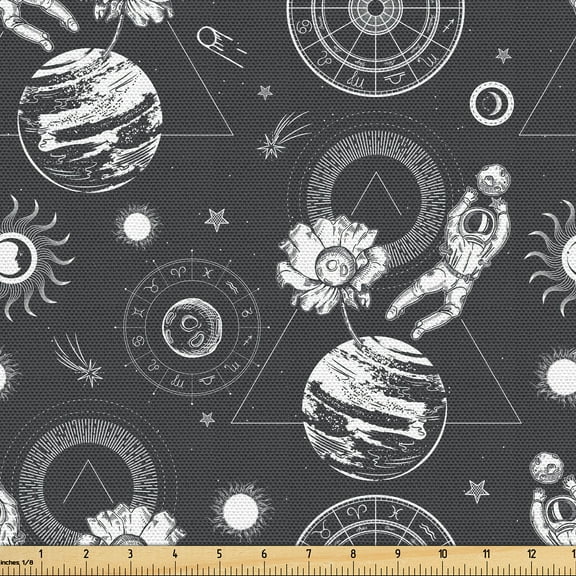 Ambesonne Outer Space Fabric by the Yard Upholstery, Planet Sketch Astronaut, 10 Yards, Charcoal Grey Eggshell