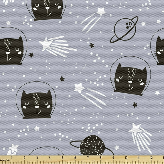 Ambesonne Outer Space Fabric by the Yard Upholstery, Astronaut Cats, 1 Yard, Purple Grey White