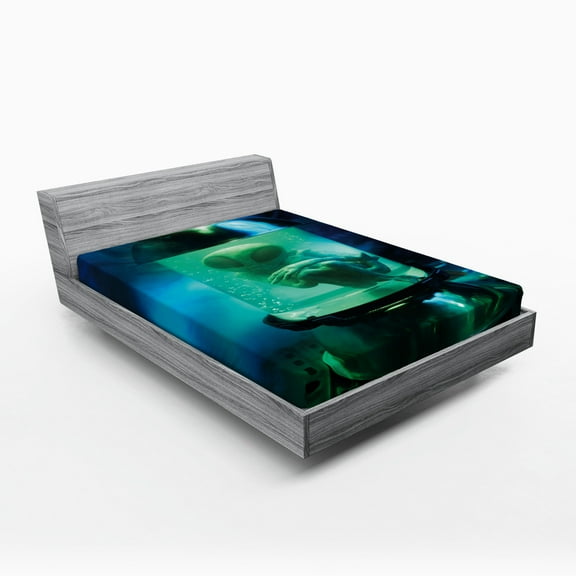 Ambesonne Outer Space Fitted Sheet, Martian UFO Alien, Queen Size, Pale Green Sky Blue