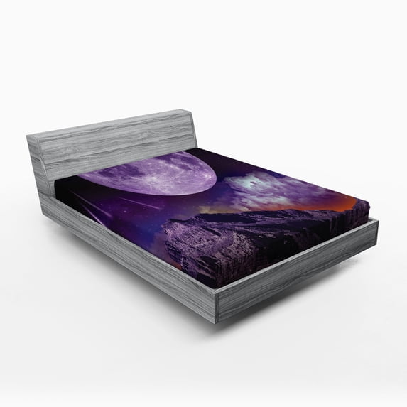 Ambesonne Outer Space Fitted Sheet, Moon and Asteroids, Queen Size, Purple Black