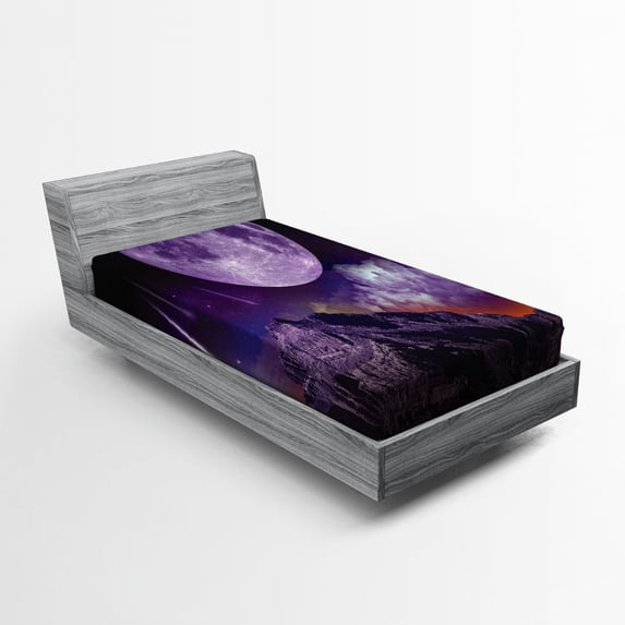 Ambesonne Outer Space Fitted Sheet, Moon and Asteroids, Twin XL Size, Purple Black