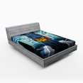 thumbnail image 1 of Ambesonne Outer Space Fitted Sheet, Ship Station Base, Full Size, Blue Black Orange, 1 of 2