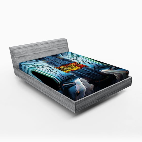 Ambesonne Outer Space Fitted Sheet, Ship Station Base, Queen Size, Blue Black Orange