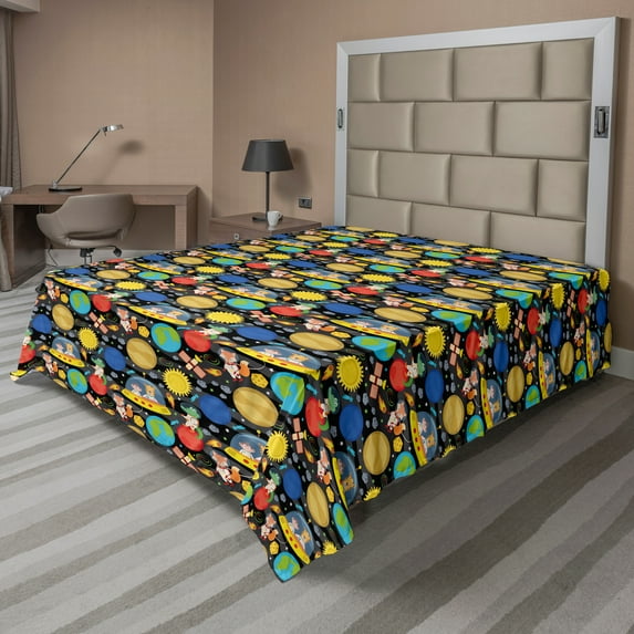 Ambesonne Outer Space Flat Sheet, Animals and Planets Fun, King Size, Multicolor