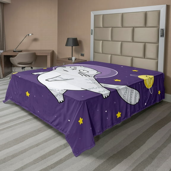 Ambesonne Outer Space Flat Sheet, Cat Astronaut Cartoon, King Size, Quartz Mustard