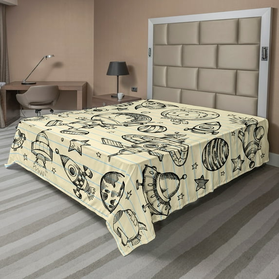 Ambesonne Outer Space Flat Sheet, Cosmonaut Boy Planets, Full Size, Cream Charcoal Grey