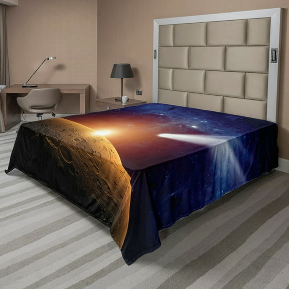 Ambesonne Outer Space Flat Sheet, Dark Solar Scenery, Queen Size, Blue Orange