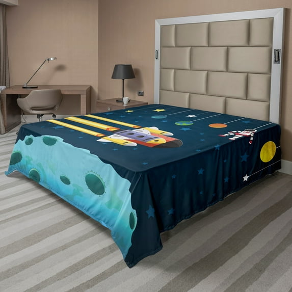 Ambesonne Outer Space Flat Sheet, Elements of the Space, Full Size, Dark Teal and Multicolor