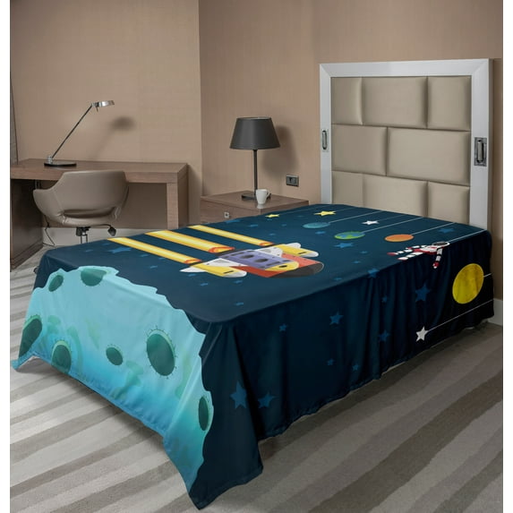 Ambesonne Outer Space Flat Sheet, Elements of the Space, TwinXL Size, Dark Teal and Multicolor