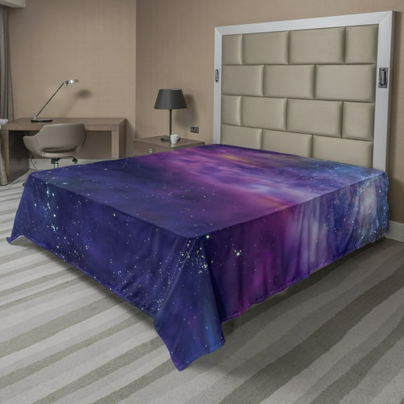 Ambesonne Outer Space Flat Sheet, Galaxy Nebula Star, Full Size, Purple Blue
