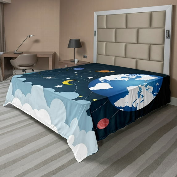 Ambesonne Outer Space Flat Sheet, Galaxy Rotating, Full Size, Dark Petrol Blue White