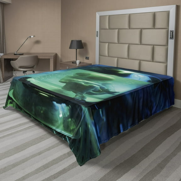 Ambesonne Outer Space Flat Sheet, Martian UFO Alien, Queen Size, Pale Green Sky Blue