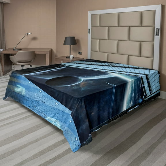 Ambesonne Outer Space Flat Sheet, Moon Planet Scene, California King, Navy Blue