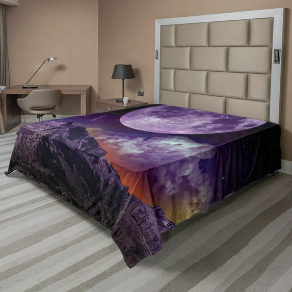 Ambesonne Outer Space Flat Sheet, Moon and Asteroids, Queen Size, Purple Black