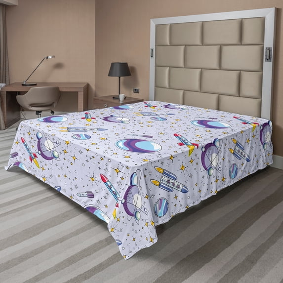 Ambesonne Outer Space Flat Sheet, Rockets and Planets Art, Full Size, Pastel Purple Multicolor