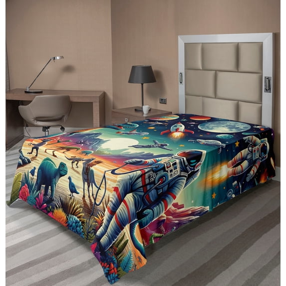 Ambesonne Outer Space Flat Sheet, Surreal Astronaut Moon, TwinXL Size, Multicolor Teal Red