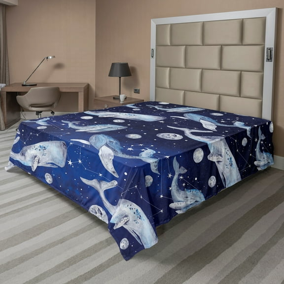 Ambesonne Outer Space Flat Sheet, Whale Planet Cosmos, Queen Size, Navy Purple Grey