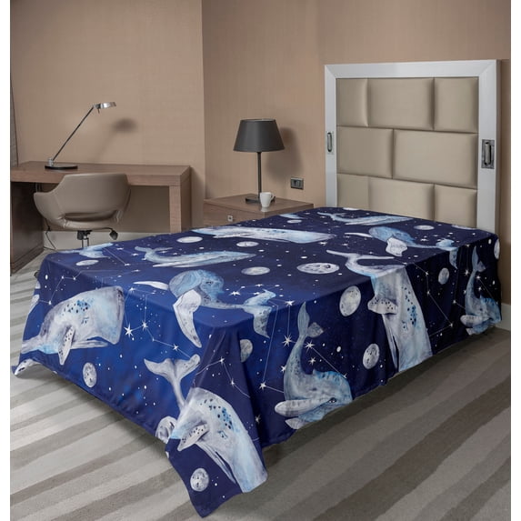Ambesonne Outer Space Flat Sheet, Whale Planet Cosmos, TwinXL Size, Navy Purple Grey