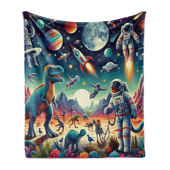 Ambesonne Outer Space Fleece Throw Blanket Surreal Astronaut Moon 50"x60" Multicolor Teal Red