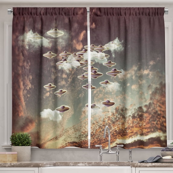 Ambesonne Outer Space Kitchen Curtains, UFOs in Cloudy Sky, 55"x39", Multicolor
