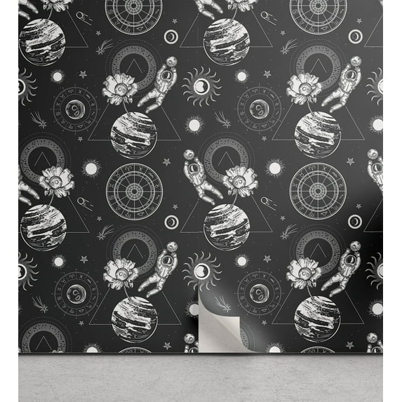 Ambesonne Outer Space Peel & Stick Wallpaper for Home, Planet Sketch Astronaut, 13"x100", Charcoal Grey Eggshell