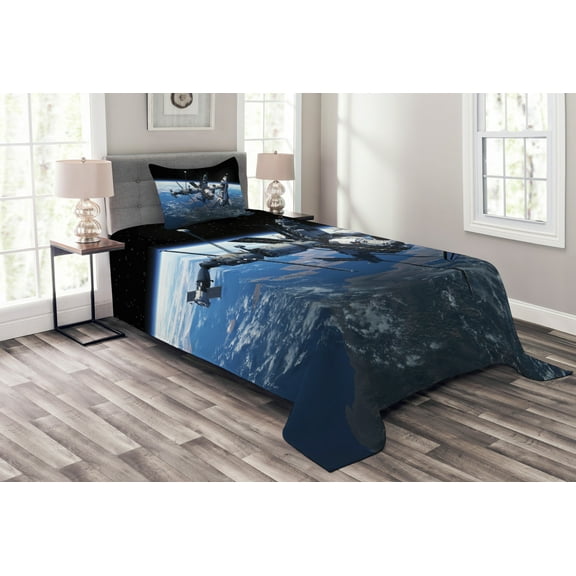 Ambesonne Outer Space Quilted Bedspread Set 2 Pcs, Cosmonaut Adventure, Twin Size, Blue Grey Black