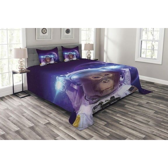 Ambesonne Outer Space Quilted Bedspread Set 3 Pcs, Astrounaut Monkey, King Size, Violet White