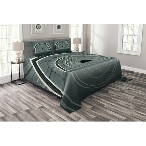 Ambesonne Outer Space Quilted Bedspread Set 3 Pcs, Futuristic Interior, Queen Size, Blue Grey