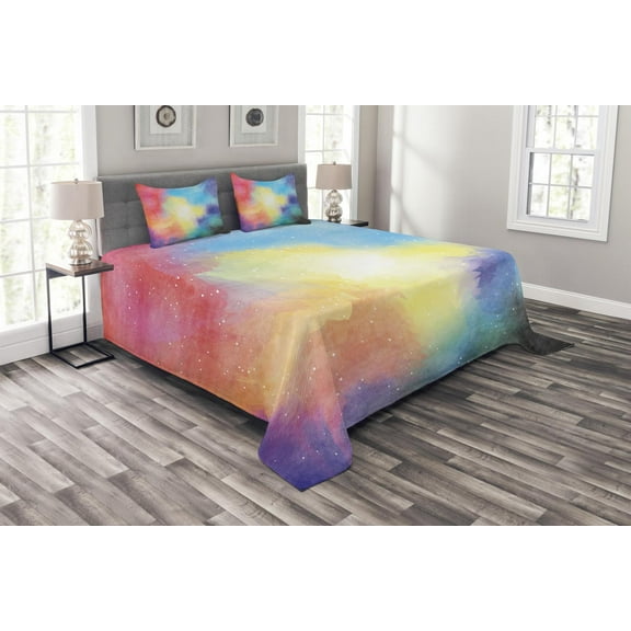 Ambesonne Outer Space Quilted Bedspread Set 3 Pcs, Watercolor Nebula, Queen Size, Multicolor