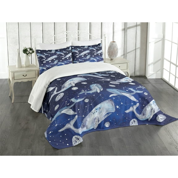 Ambesonne Outer Space Quilted Bedspread Set 3 Pcs, Whale Planet Cosmos, King Size, Navy Purple Grey
