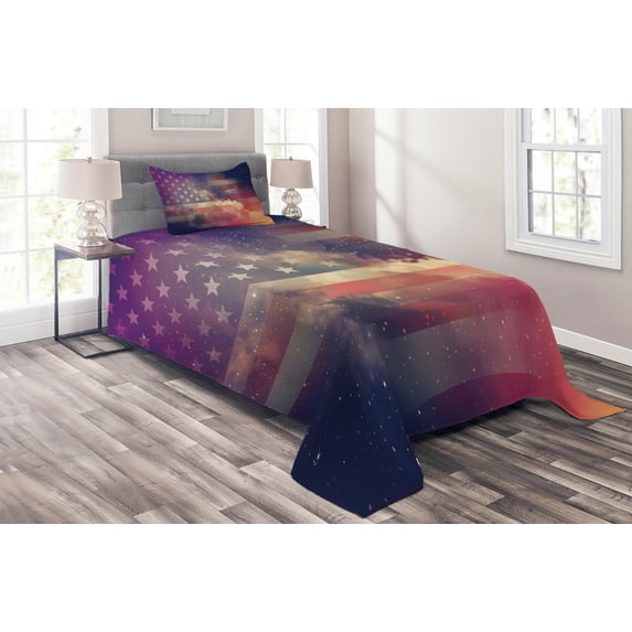 Ambesonne Outer Space Quilted Coverlet 2 Pcs, Cloudy Night USA, Twin Size, Multicolor