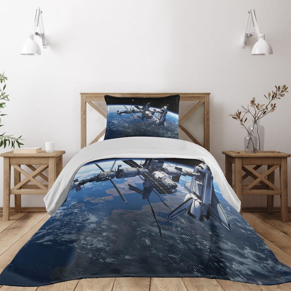 Ambesonne Outer Space Quilted Coverlet 2 Pcs, Cosmonaut Adventure, Twin Size, Blue Grey Black