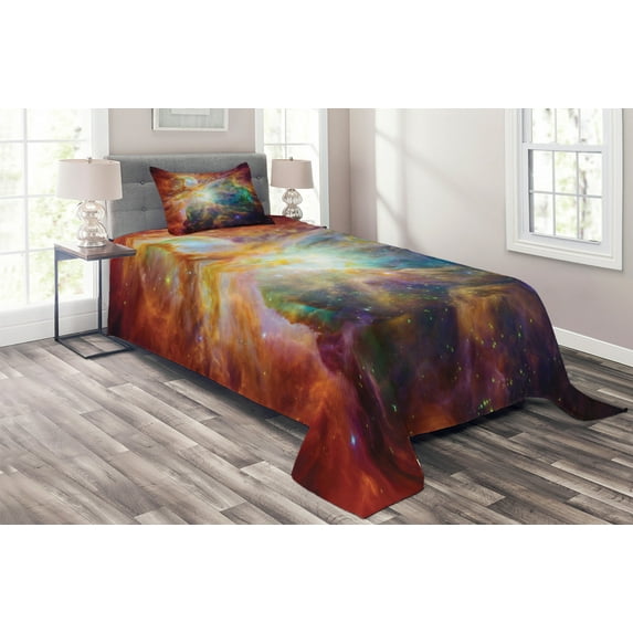 Ambesonne Outer Space Quilted Coverlet 2 Pcs, Stars and Nebula, Twin Size, Multicolor
