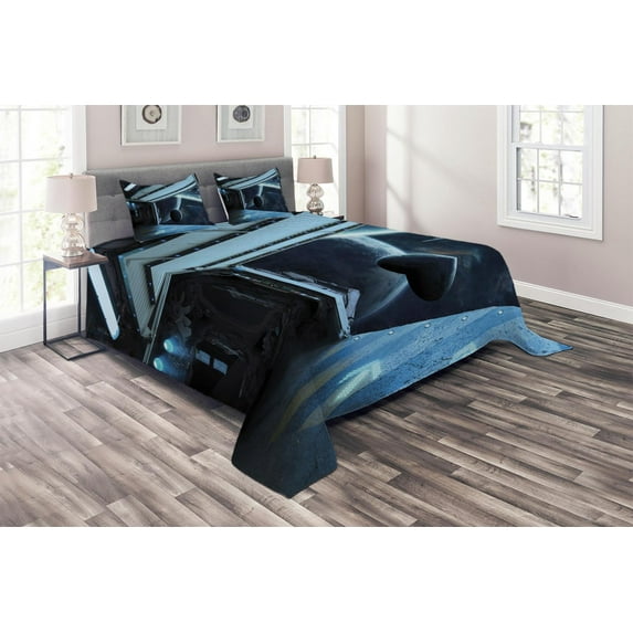 Ambesonne Outer Space Quilted Coverlet 3 Pcs, Moon Planet Scene, Queen Size, Navy Blue