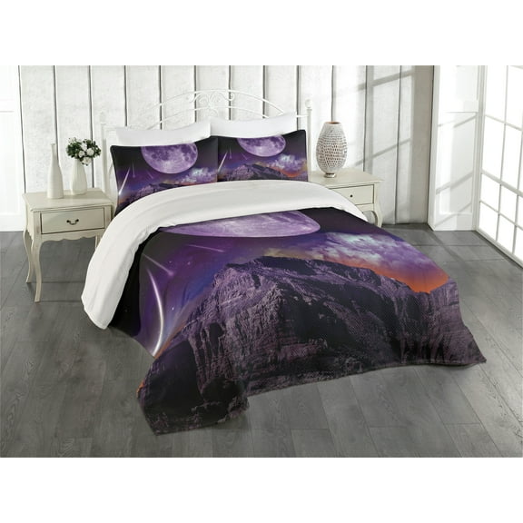 Ambesonne Outer Space Quilted Coverlet 3 Pcs, Moon and Asteroids, Queen Size, Purple Black