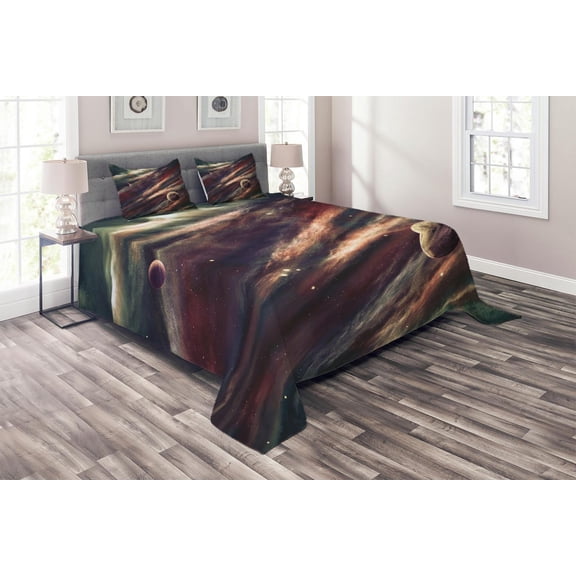 Ambesonne Outer Space Quilted Coverlet 3 Pcs, Nebula Planet Cloud, King Size, Dried Rose Ivory