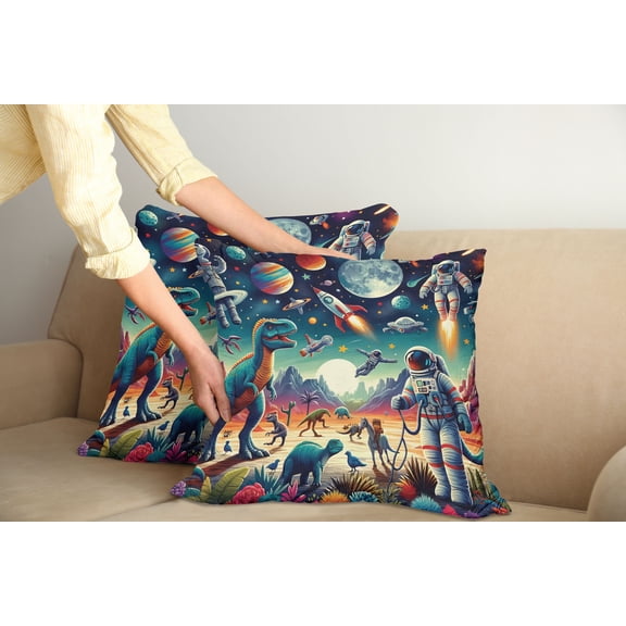Ambesonne Outer Space Throw Pillow Cover Pack of 2, Surreal Astronaut Moon, 2 Pcs-16"x16", Multicolor Teal Red