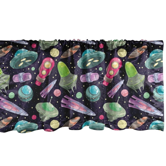 Ambesonne Outer Space Window Valance, Pattern of Galactic Vehicles UFO Stars and Planets, Curtain Valance for Kitchen Bedroom Decor with Rod Pocket, 54" X 12", Dark Purple Multicolor