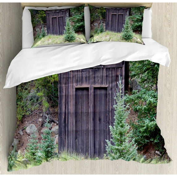 Ambesonne Outhouse Duvet Cover Set, Cottage in Farm Forest, Calking, Dark Brown and Green