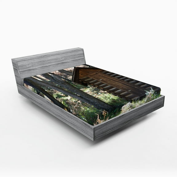 Ambesonne Outhouse Fitted Sheet 2 Pcs Set, Cottage Spring Woods, California King, Dark Brown Green