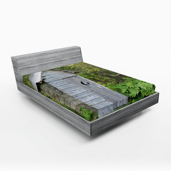 Ambesonne Outhouse Fitted Sheet 2 Pcs Set, Farm Cottage Forest, Queen, Pale Grey and Fern Green