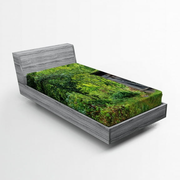 Ambesonne Outhouse Fitted Sheet, Cottage Forest, Twin Size, Fern Green and Brown