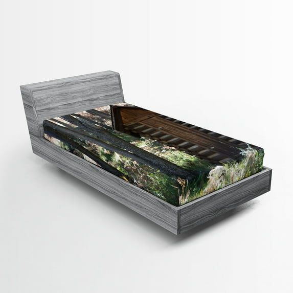 Ambesonne Outhouse Fitted Sheet, Cottage Spring Woods, Twin Size, Dark Brown Green