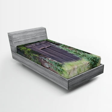 Ambesonne Outhouse Fitted Sheet, Cottage in Farm Forest, Twin XL Size, Dark Brown and Green