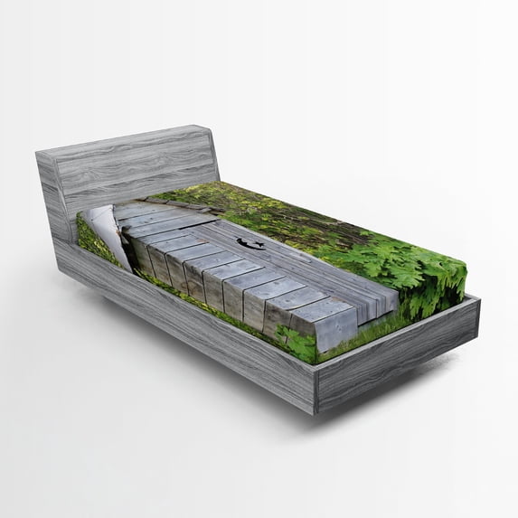 Ambesonne Outhouse Fitted Sheet, Farm Cottage Forest, Twin Size, Pale Grey and Fern Green