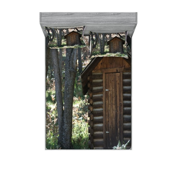 Ambesonne Outhouse Fitted Sheet & Pillow Sham Set, Cottage Spring Woods, King, Dark Brown Green
