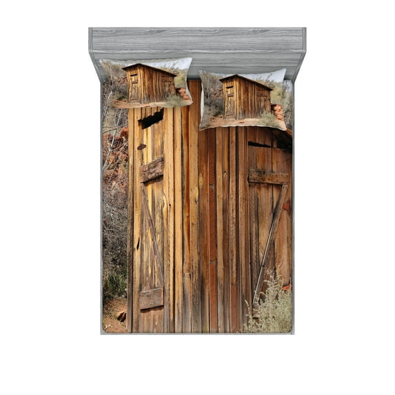 Ambesonne Outhouse Fitted Sheet & Pillow Sham Set, Olive Trees, King, Dark Green Caramel