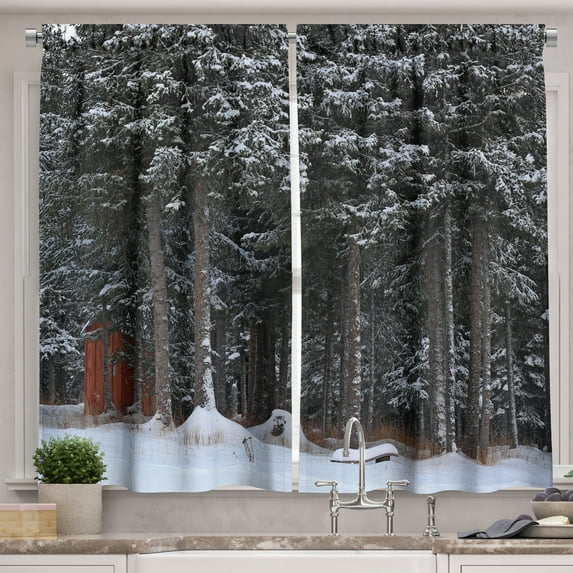 Ambesonne Outhouse Kitchen Curtains, Snowy Forest Cottage, 55"x39", Dark Green and White