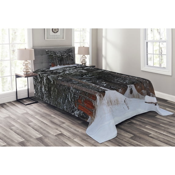 Ambesonne Outhouse Quilted Bedspread Set 2 Pcs, Snowy Forest Cottage, Twin Size, Dark Green and White