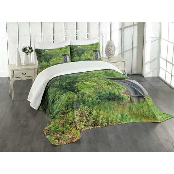Ambesonne Outhouse Quilted Bedspread Set 3 Pcs, Cottage Forest, King Size, Fern Green and Brown